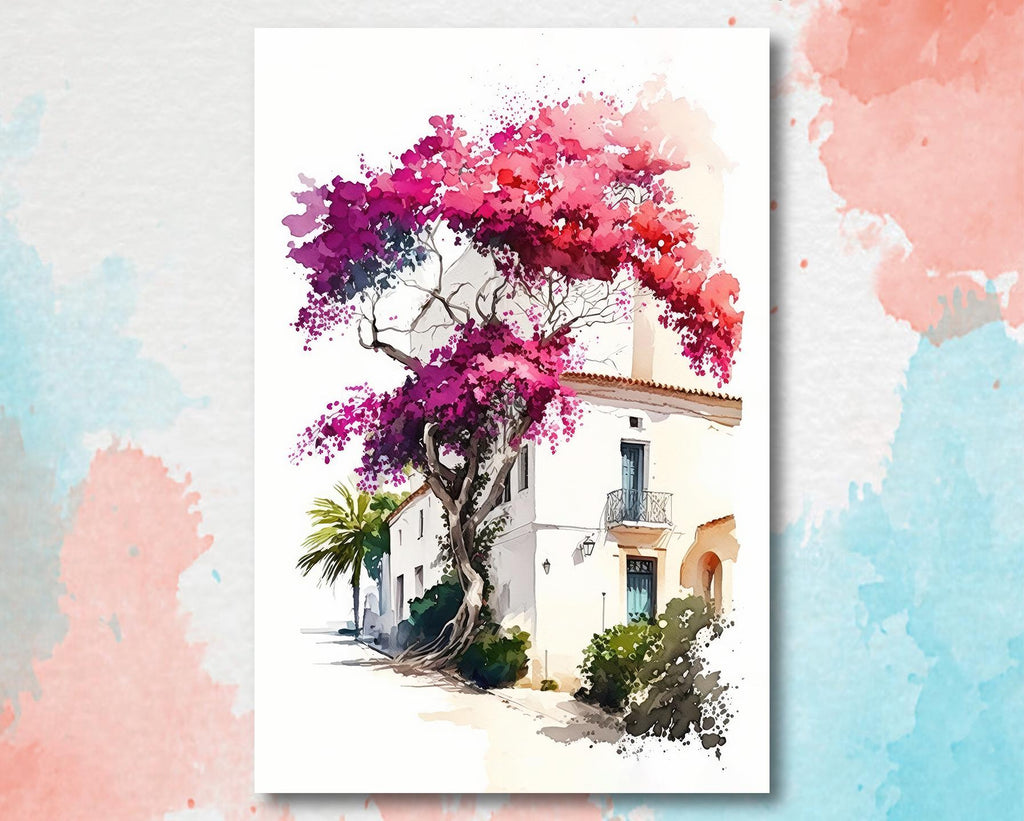 Bougainvillea Bonsai Vine Watercolor Painting Floral Print Mediterranean Botanical Wall Art Magenta Tropical Flowers Nature Inspired Decor