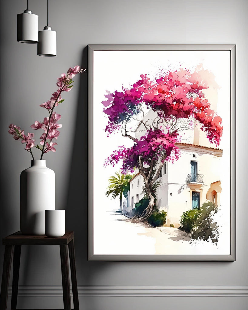 Bougainvillea Bonsai Vine Watercolor Painting Floral Print Mediterranean Botanical Wall Art Magenta Tropical Flowers Nature Inspired Decor