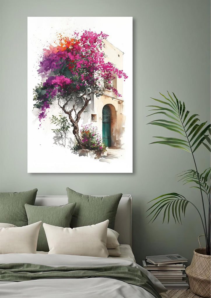 Bougainvillea Bonsai Vine Watercolor Painting Floral Print Mediterranean Botanical Wall Art Magenta Tropical Flowers Nature Inspired Decor