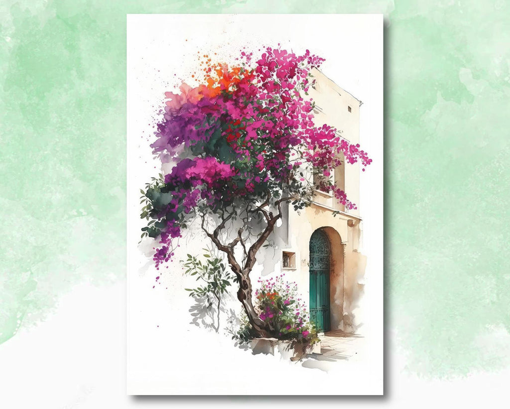 Bougainvillea Bonsai Vine Watercolor Painting Floral Print Mediterranean Botanical Wall Art Magenta Tropical Flowers Nature Inspired Decor