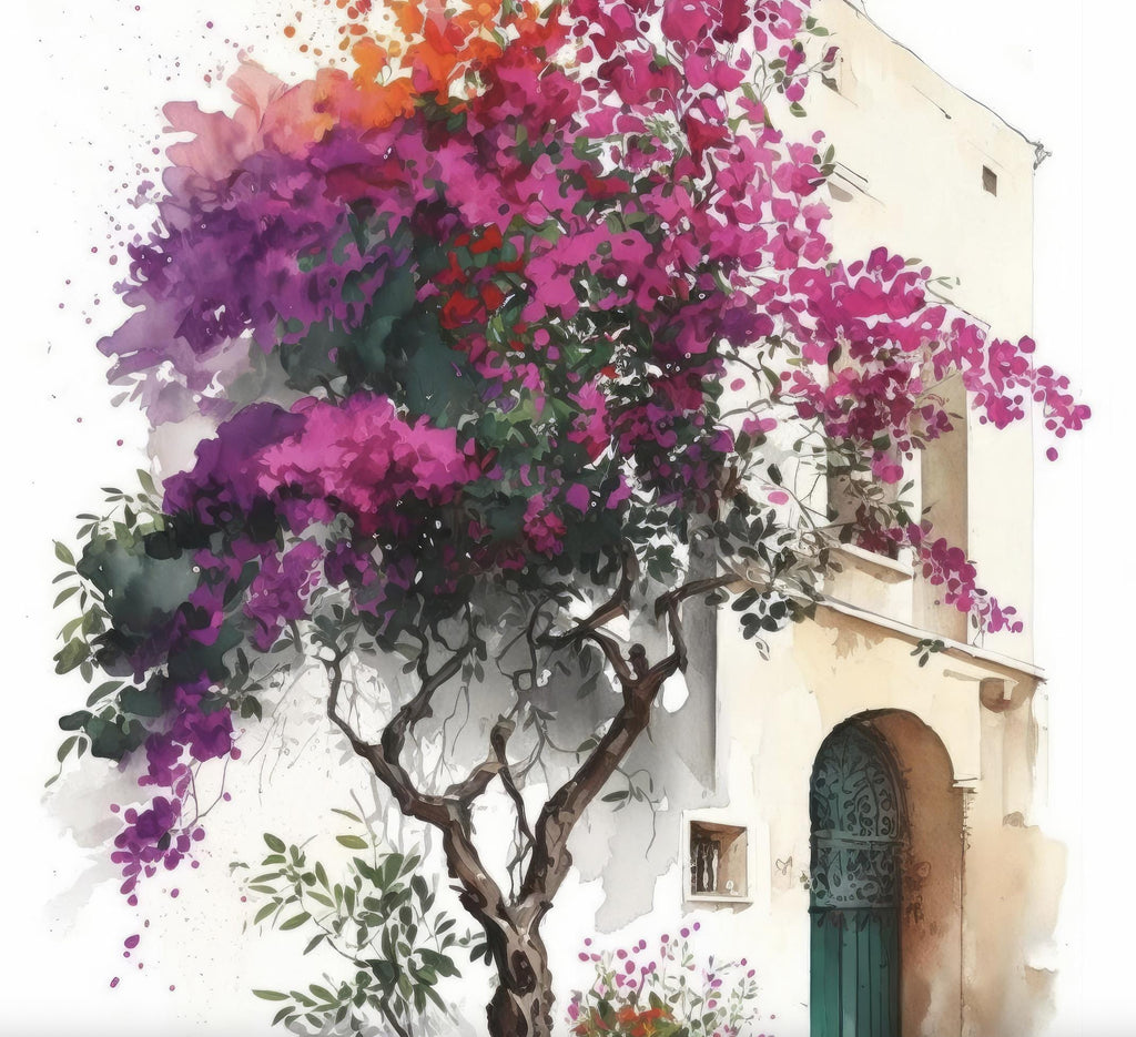 Bougainvillea Bonsai Vine Watercolor Painting Floral Print Mediterranean Botanical Wall Art Magenta Tropical Flowers Nature Inspired Decor