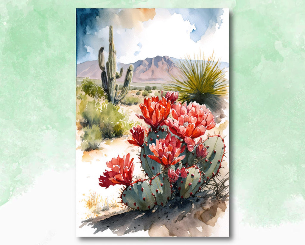 Arizona Cactus Flowers Wall Art Print Desert Landscape Painting Nature Inspired Boho Wall Decor Gift Sonoran Art Southwest Decor