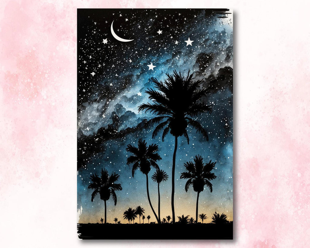 Palm Tree Night Sky Watercolor Print, Tropical Moon and Stars Wall Art, Dreamy Milky Way Beach Silhouette, Coastal Landscape Home Decor