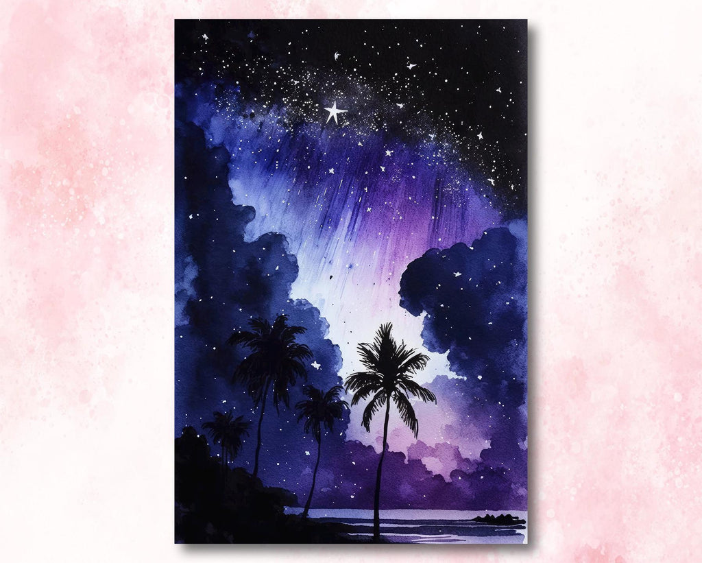 Palm Tree Night Sky Watercolor Print, Tropical Moon and Stars Wall Art, Dreamy Milky Way Beach Silhouette, Coastal Landscape Home Decor