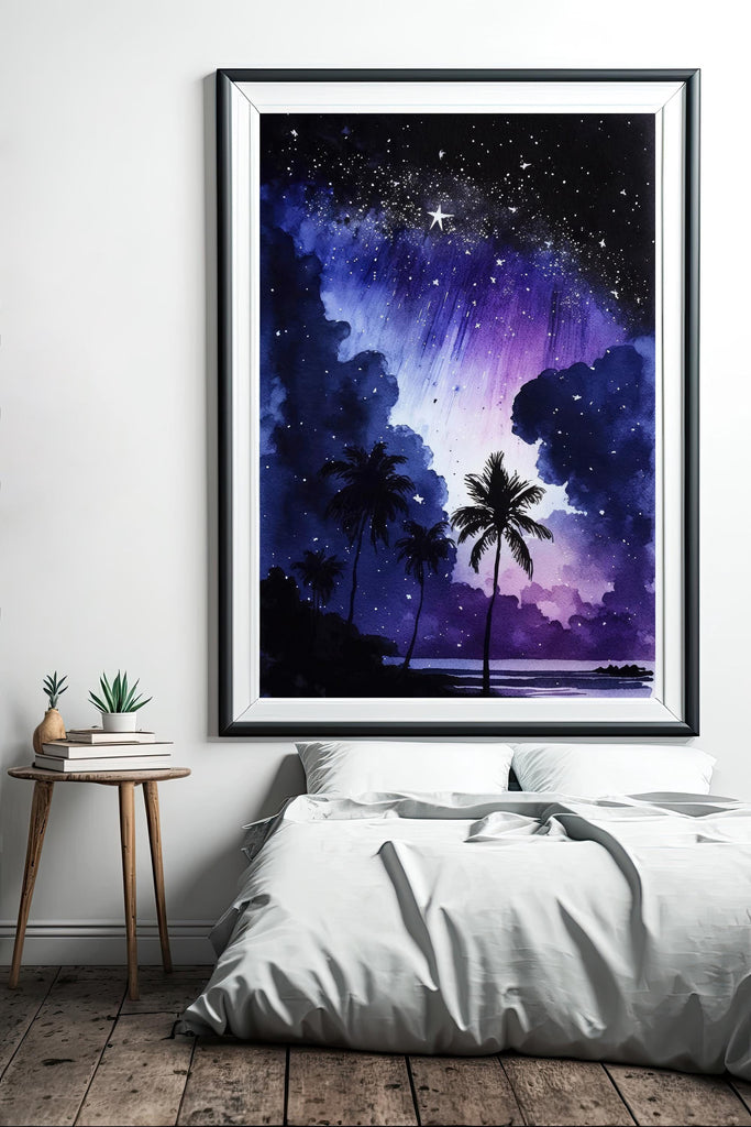 Palm Tree Night Sky Watercolor Print, Tropical Moon and Stars Wall Art, Dreamy Milky Way Beach Silhouette, Coastal Landscape Home Decor