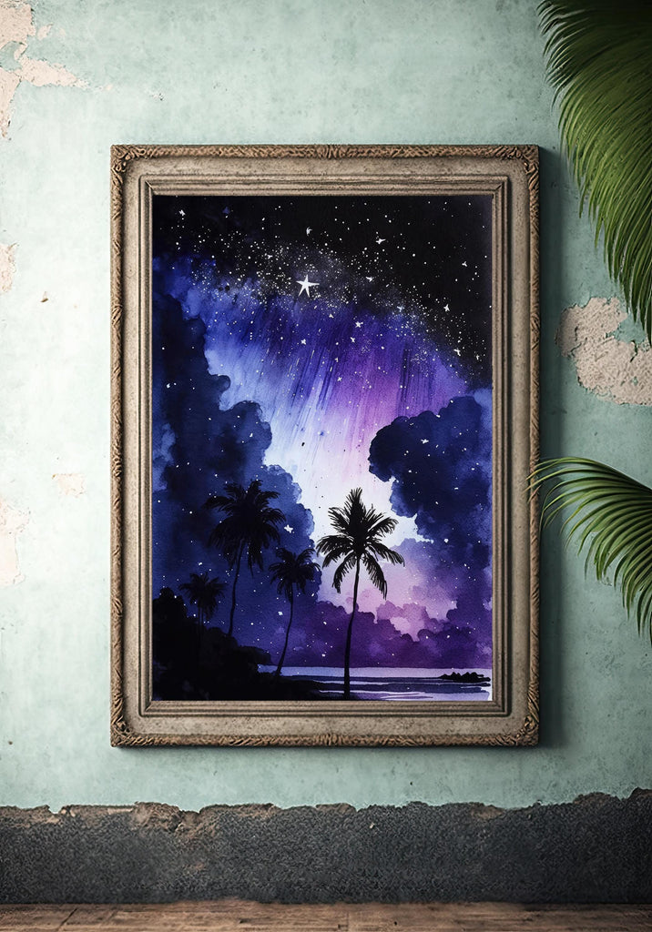 Palm Tree Night Sky Watercolor Print, Tropical Moon and Stars Wall Art, Dreamy Milky Way Beach Silhouette, Coastal Landscape Home Decor