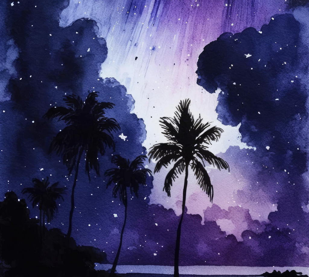 Palm Tree Night Sky Watercolor Print, Tropical Moon and Stars Wall Art, Dreamy Milky Way Beach Silhouette, Coastal Landscape Home Decor