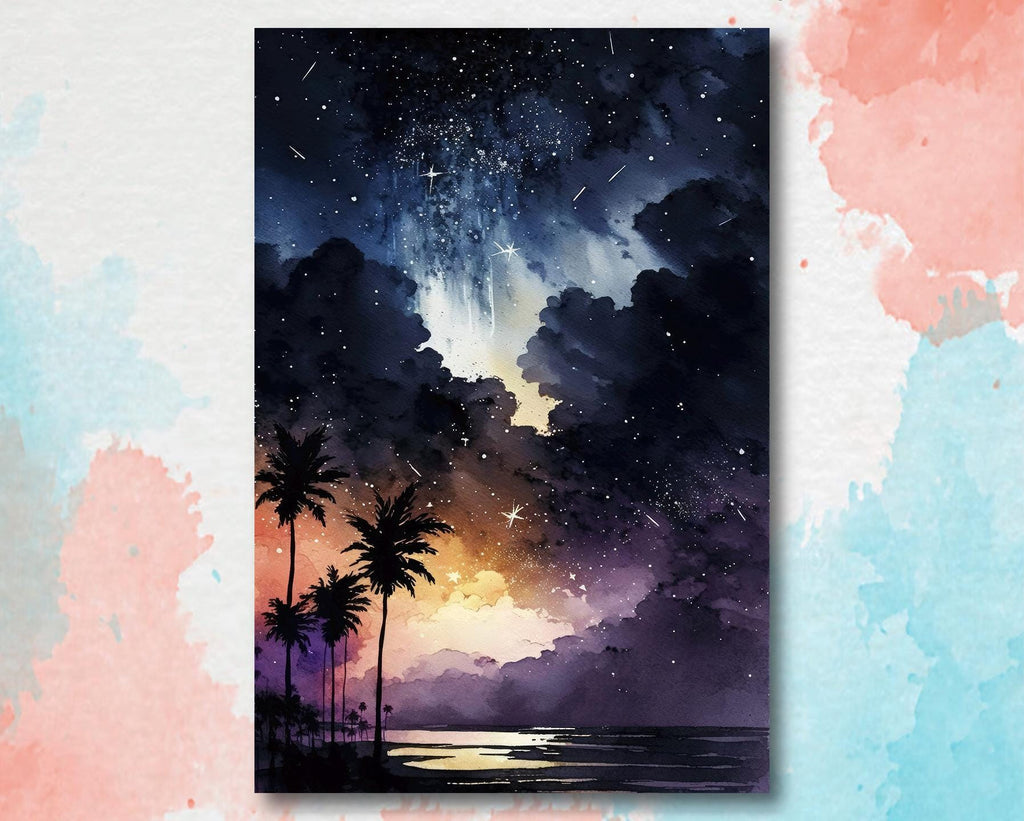 Palm Tree Night Sky Watercolor Print, Tropical Moon and Stars Wall Art, Dreamy Milky Way Beach Silhouette, Coastal Landscape Home Decor