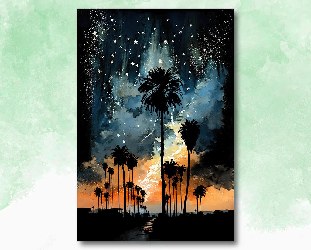 Palm Tree Night Sky Watercolor Print, Tropical Moon and Stars Wall Art, Dreamy Milky Way Beach Silhouette, Coastal Landscape Home Decor