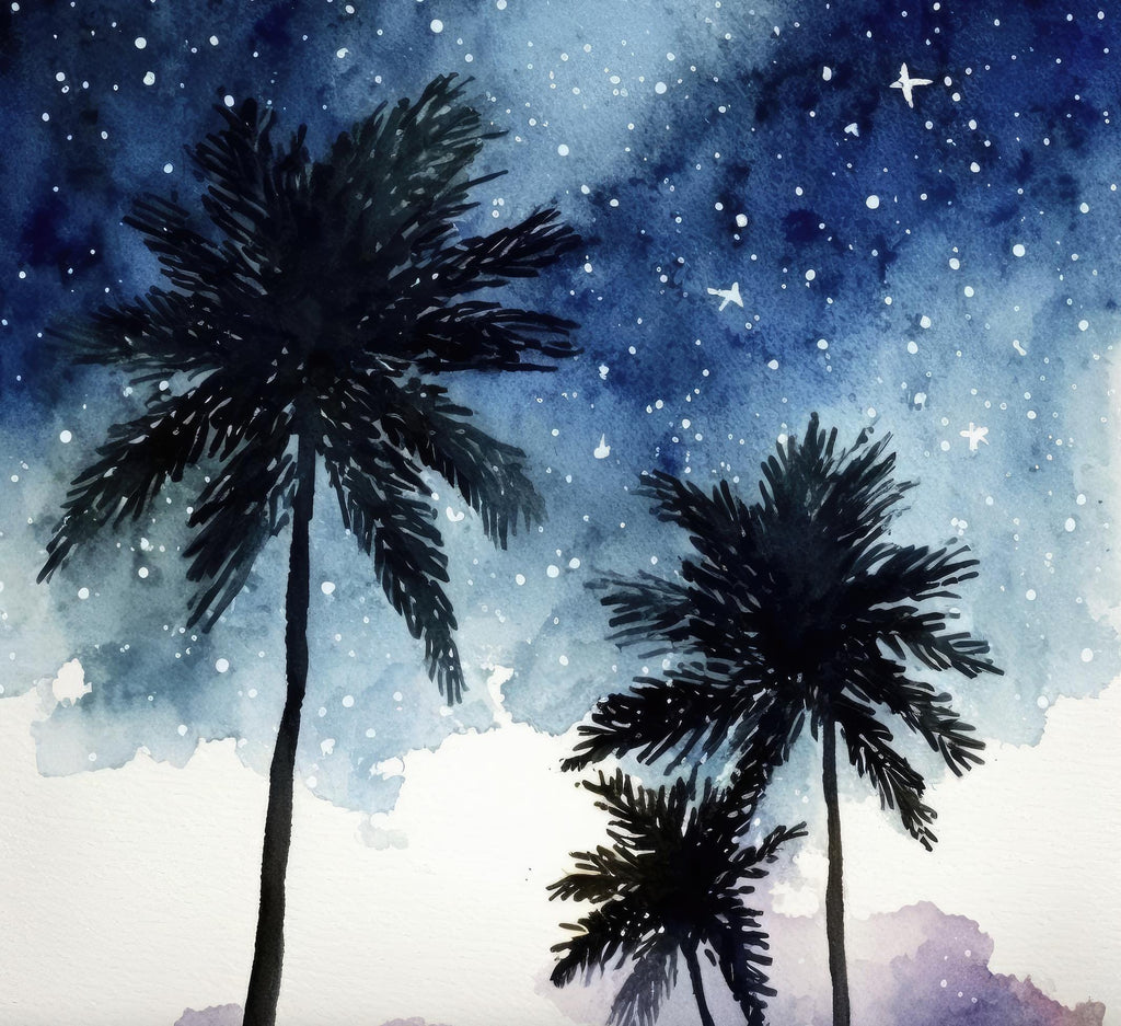 Palm Tree Night Sky Watercolor Print, Tropical Moon and Stars Wall Art, Dreamy Milky Way Beach Silhouette, Coastal Landscape Home Decor