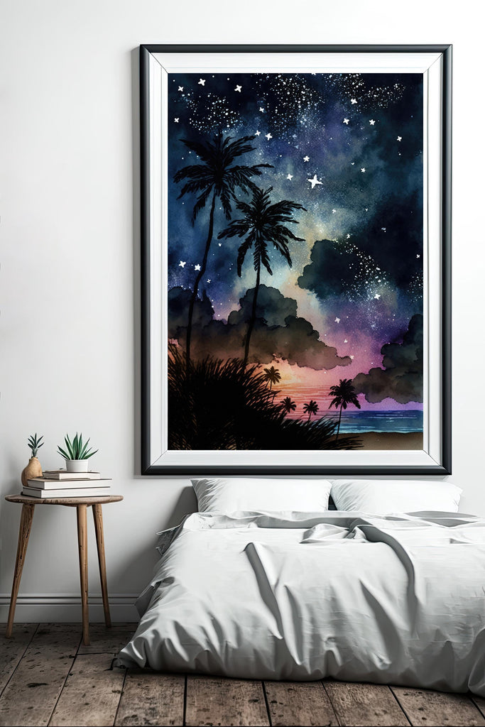Palm Tree Night Sky Watercolor Print, Tropical Moon and Stars Wall Art, Dreamy Milky Way Beach Silhouette, Coastal Landscape Home Decor