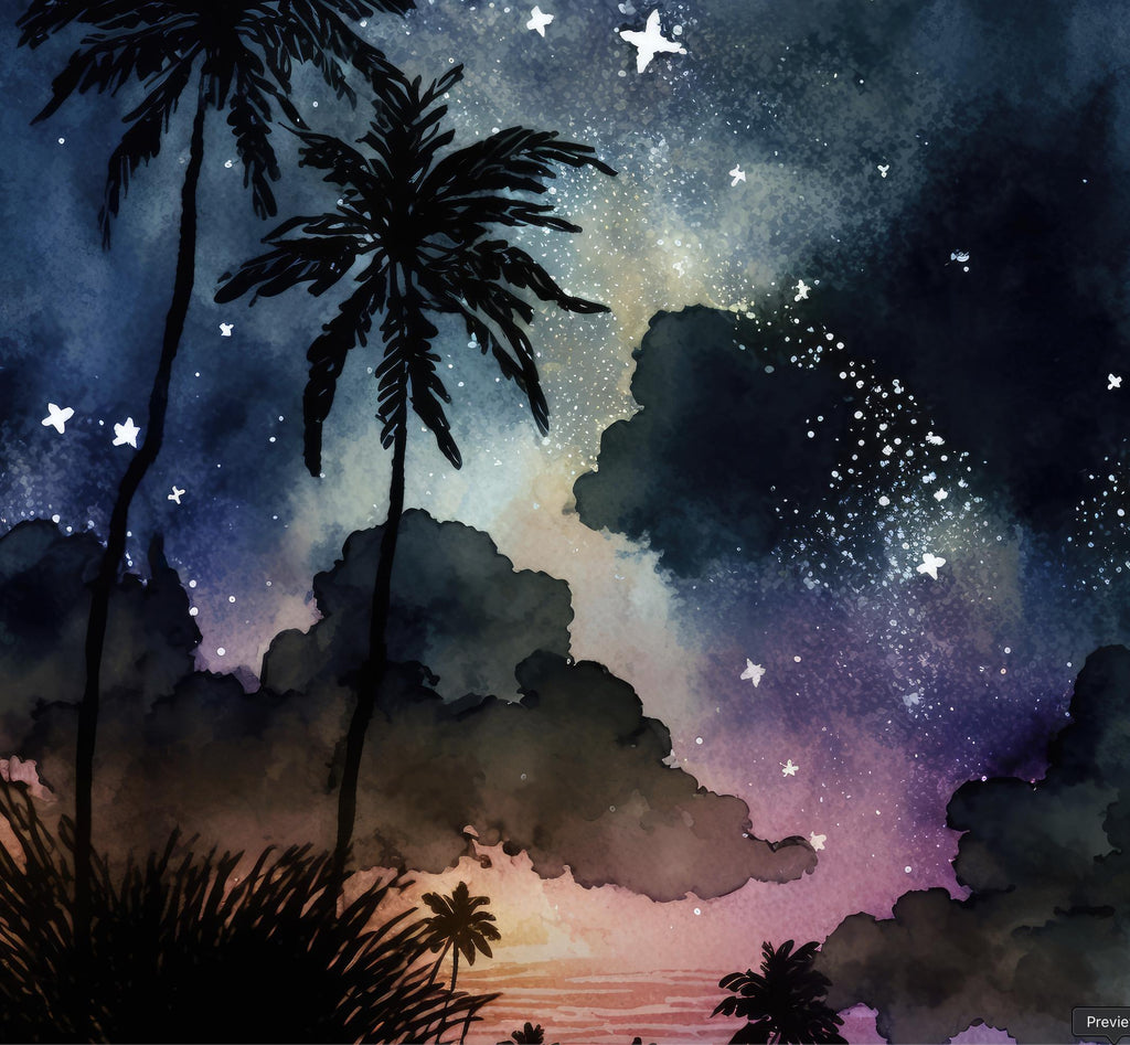 Palm Tree Night Sky Watercolor Print, Tropical Moon and Stars Wall Art, Dreamy Milky Way Beach Silhouette, Coastal Landscape Home Decor