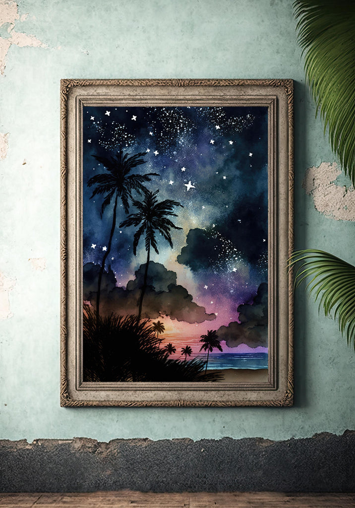 Palm Tree Night Sky Watercolor Print, Tropical Moon and Stars Wall Art, Dreamy Milky Way Beach Silhouette, Coastal Landscape Home Decor
