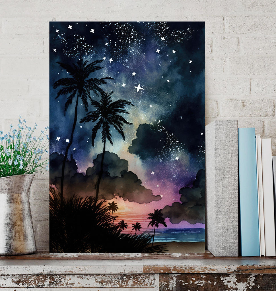 Palm Tree Night Sky Watercolor Print, Tropical Moon and Stars Wall Art, Dreamy Milky Way Beach Silhouette, Coastal Landscape Home Decor