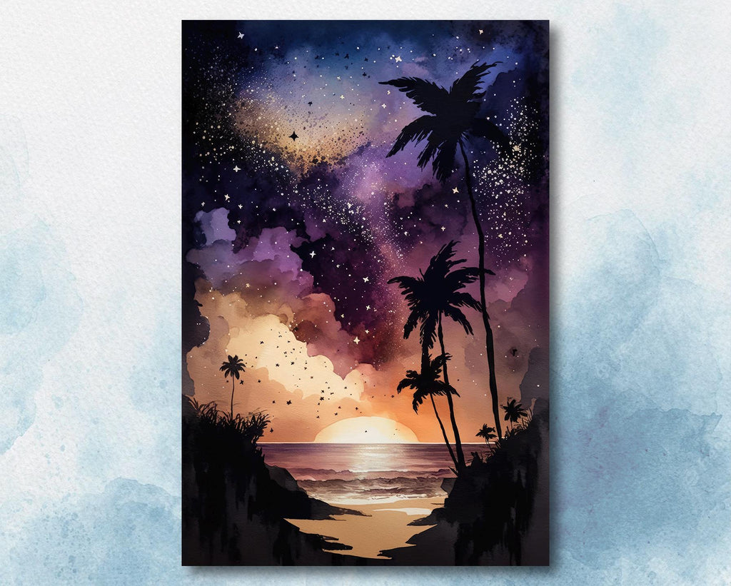 Palm Tree Night Sky Watercolor Print, Tropical Moon and Stars Wall Art, Dreamy Milky Way Beach Silhouette, Coastal Landscape Home Decor