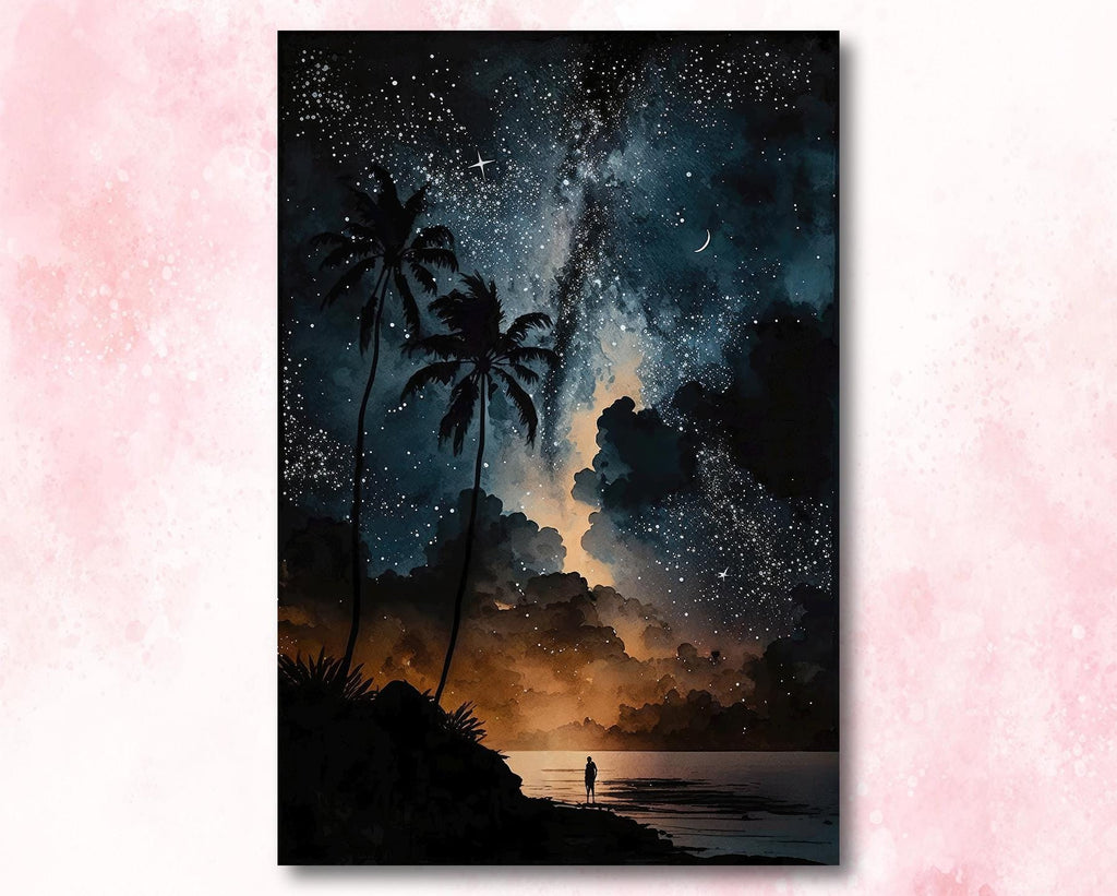 Palm Tree Night Sky Watercolor Print, Tropical Moon and Stars Wall Art, Dreamy Milky Way Beach Silhouette, Coastal Landscape Home Decor