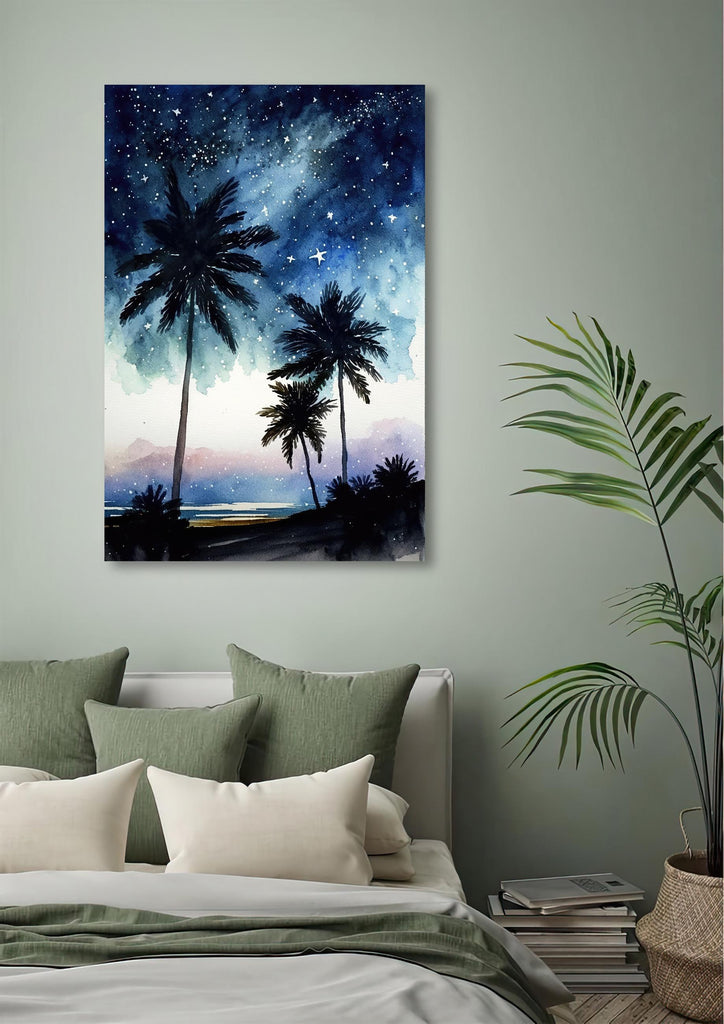 Palm Tree Night Sky Watercolor Print, Tropical Moon and Stars Wall Art, Dreamy Milky Way Beach Silhouette, Coastal Landscape Home Decor