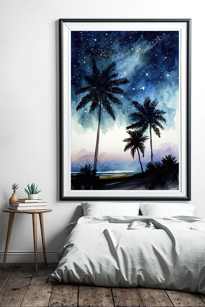 Palm Tree Night Sky Watercolor Print, Tropical Moon and Stars Wall Art, Dreamy Milky Way Beach Silhouette, Coastal Landscape Home Decor