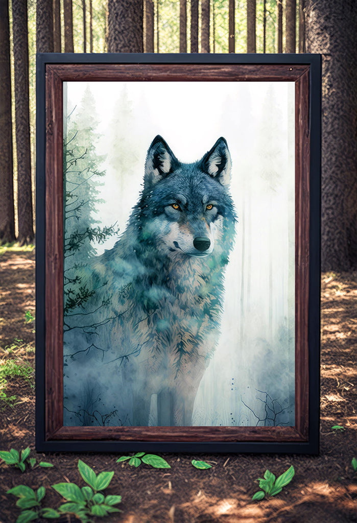 Watercolor Wolf Print, Forest Animal Wall Art Poster, Nature Wildlife Canvas Gift, Wild Woodland Painting, Rustic Lodge Home Decor