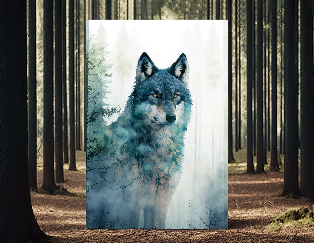 Watercolor Wolf Print, Forest Animal Wall Art Poster, Nature Wildlife Canvas Gift, Wild Woodland Painting, Rustic Lodge Home Decor