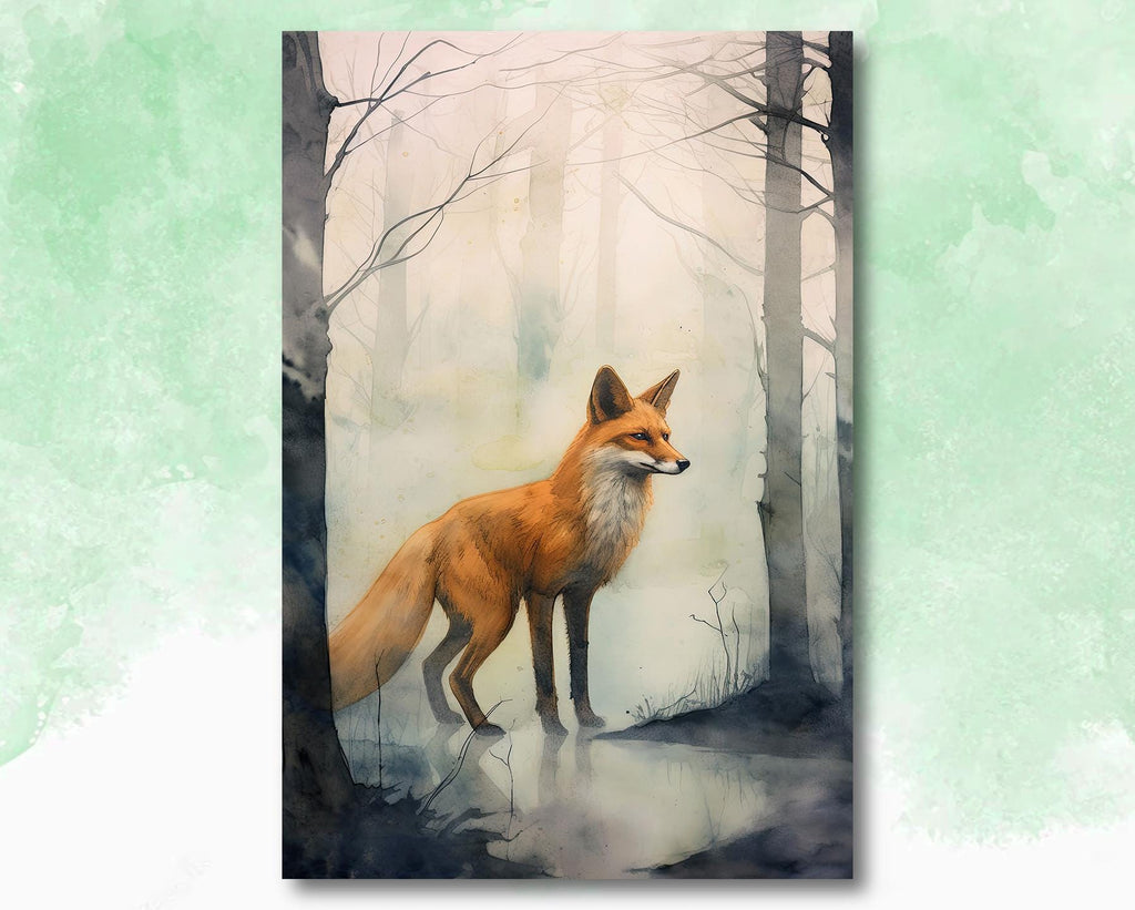 Watercolor Fox Print, Forest Animal Wall Art Poster, Nature Wildlife Canvas Gift, Wild Woodland Painting, Rustic Lodge Home Decor