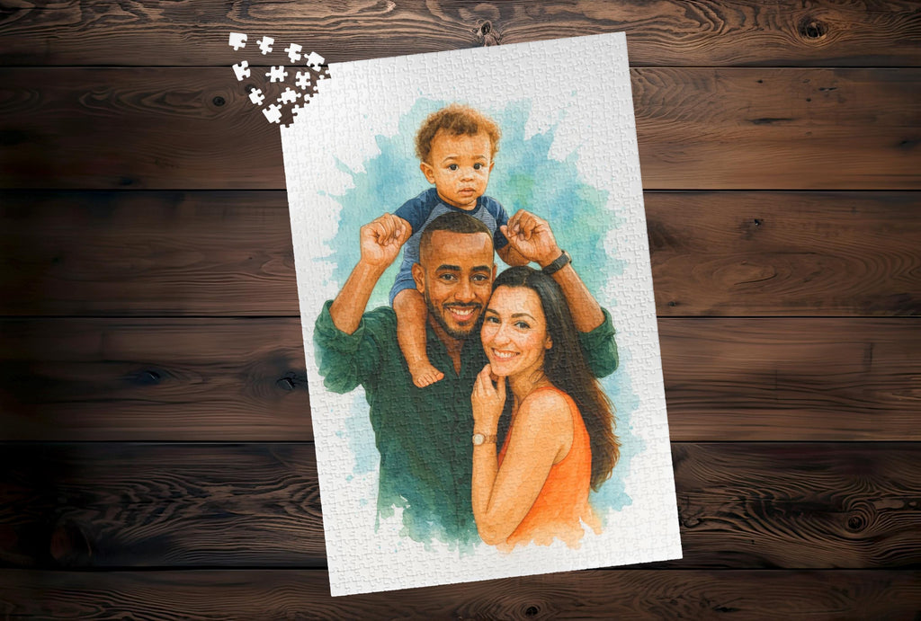 Custom Watercolor Jigsaw Puzzle From Photo, Family Portrait, Pet Lover Game, Unique Wedding Gift, Personalized Puzzle (1014 pieces)