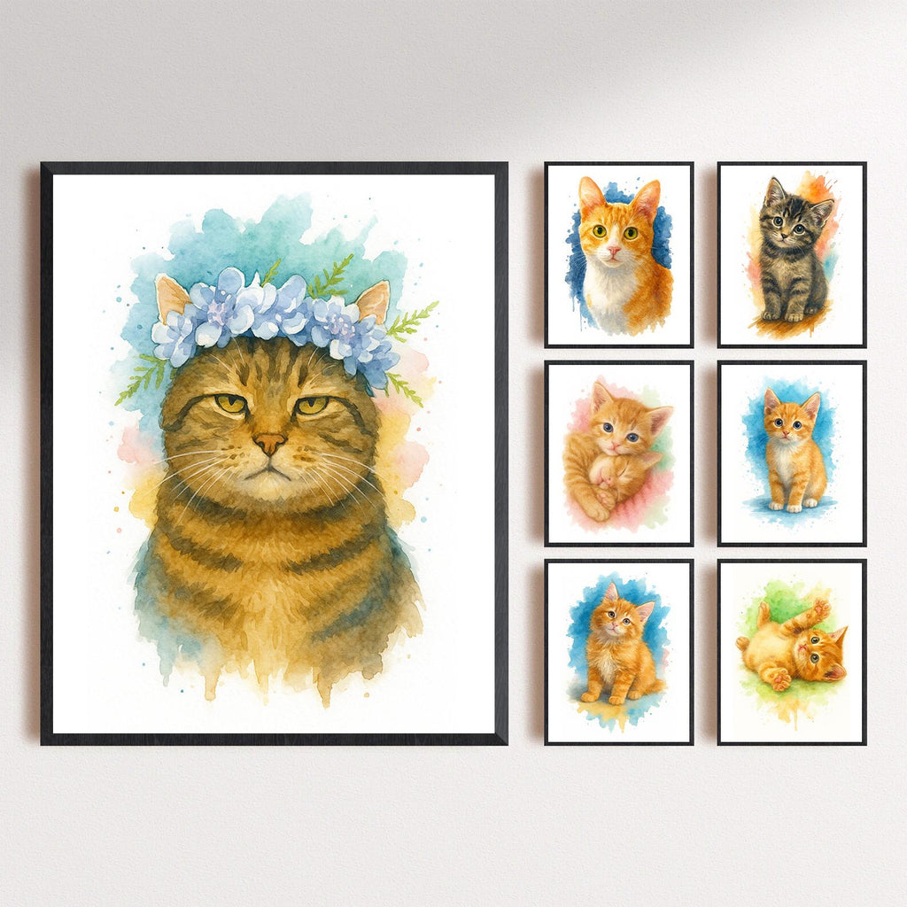 Custom Cat Pet Watercolor Portrait from Photo, Personalized Kitten Wall Art, Cat Lover Gift, Pet Memorial Keepsake Home Decor