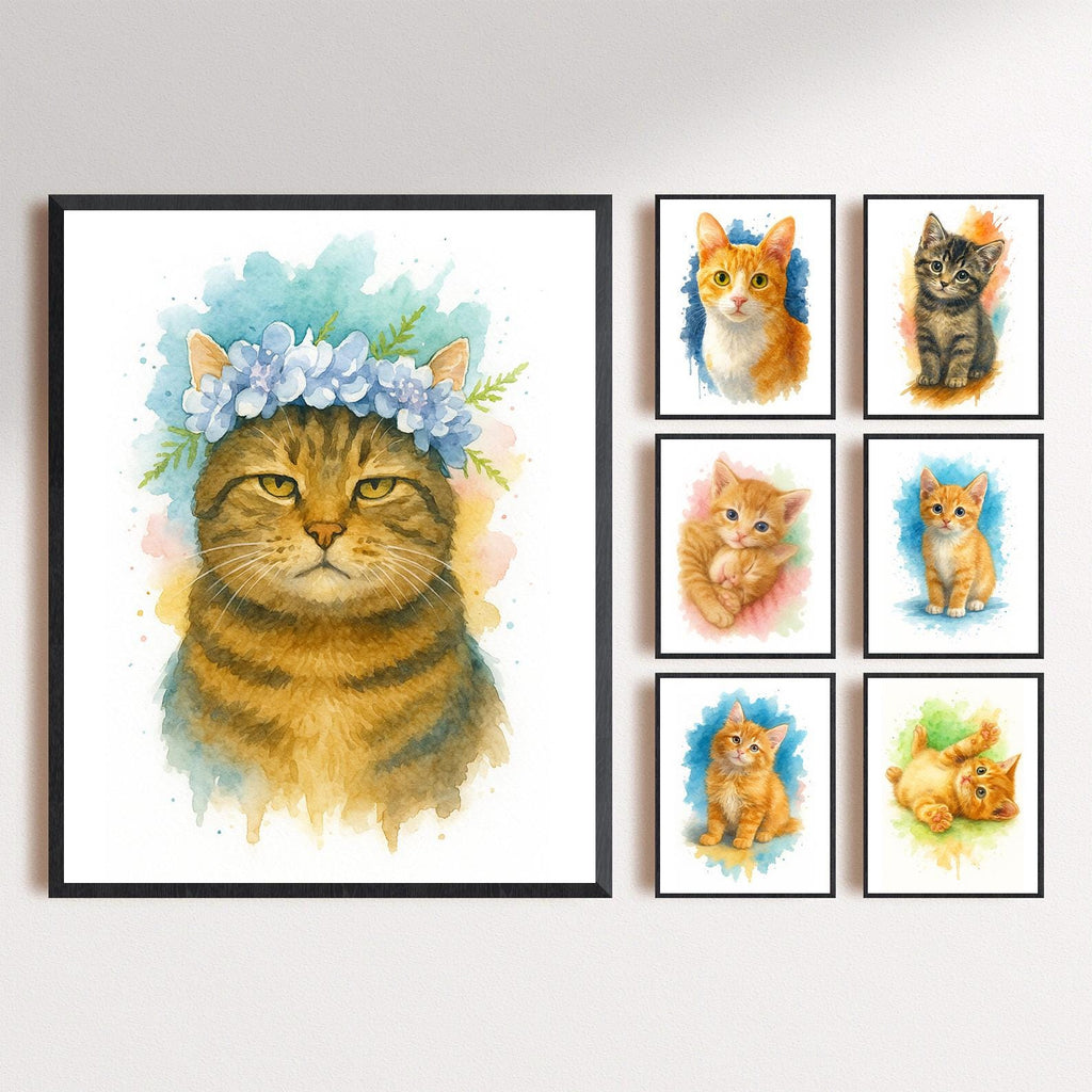 Custom Cat Pet Watercolor Portrait from Photo, Personalized Kitten Wall Art, Cat Lover Gift, Pet Memorial Keepsake Home Decor