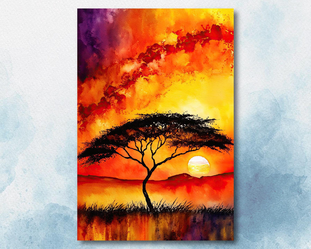 African Serengeti Sunset Wall Art Safari Print Africa Savanna Watercolor Landscape Painting Travel Gift Nature Inspired Decor