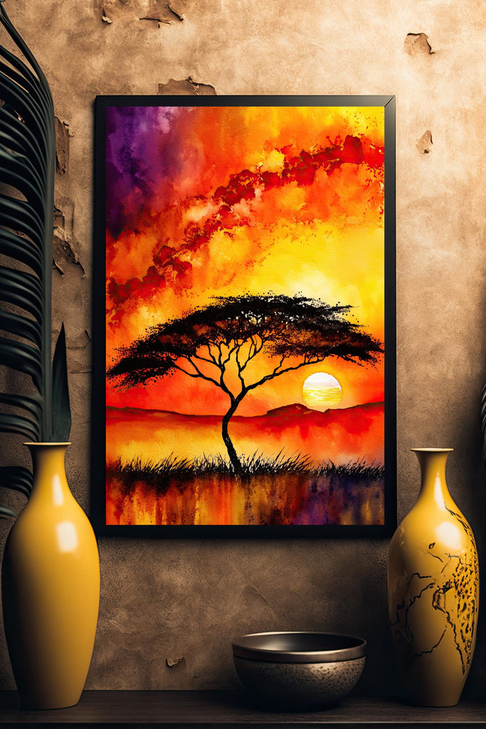 African Serengeti Sunset Wall Art Safari Print Africa Savanna Watercolor Landscape Painting Travel Gift Nature Inspired Decor