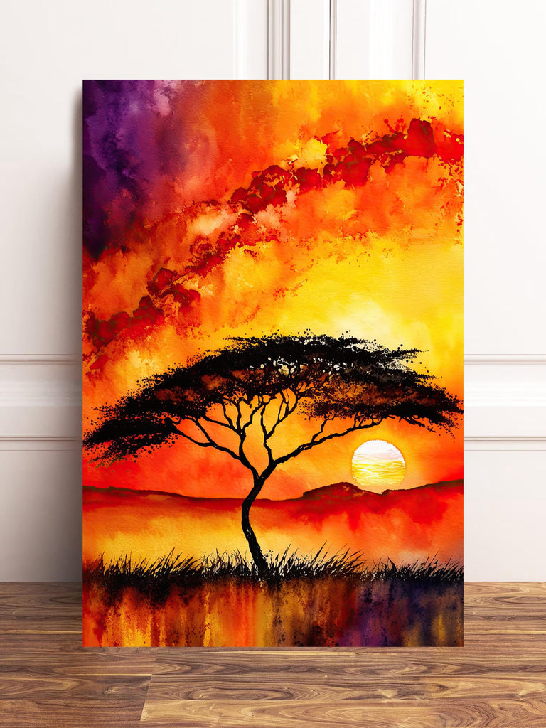 African Serengeti Sunset Wall Art Safari Print Africa Savanna Watercolor Landscape Painting Travel Gift Nature Inspired Decor