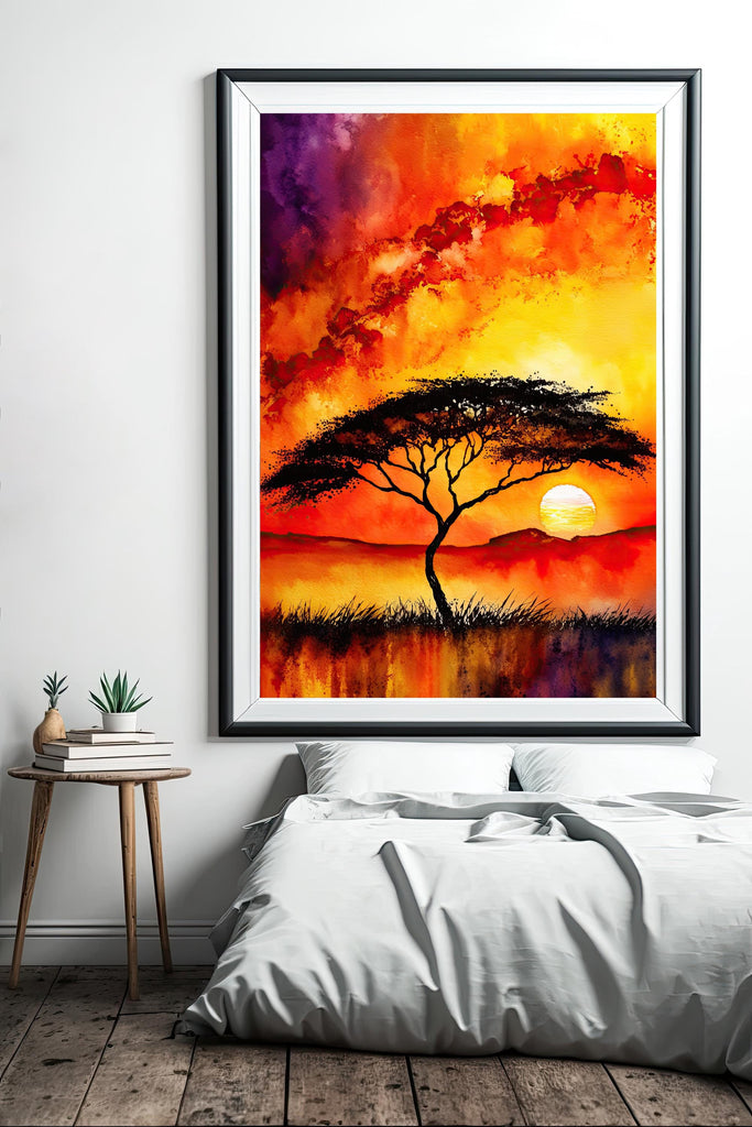 African Serengeti Sunset Wall Art Safari Print Africa Savanna Watercolor Landscape Painting Travel Gift Nature Inspired Decor