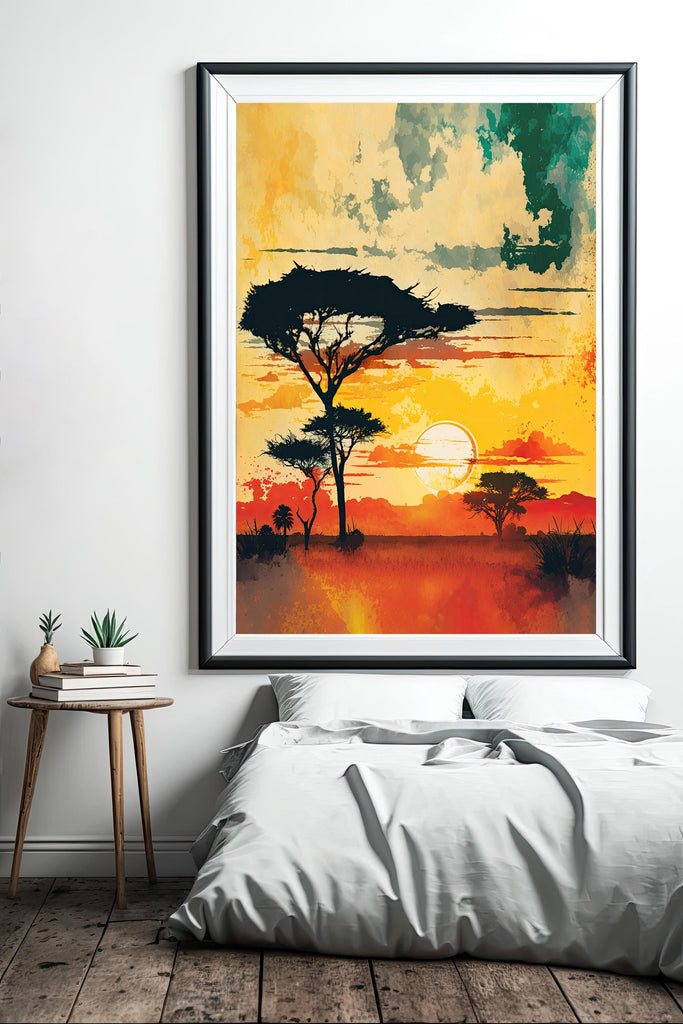 African Serengeti Sunset Wall Art Safari Print Africa Savanna Watercolor Landscape Painting Travel Gift Nature Inspired Decor