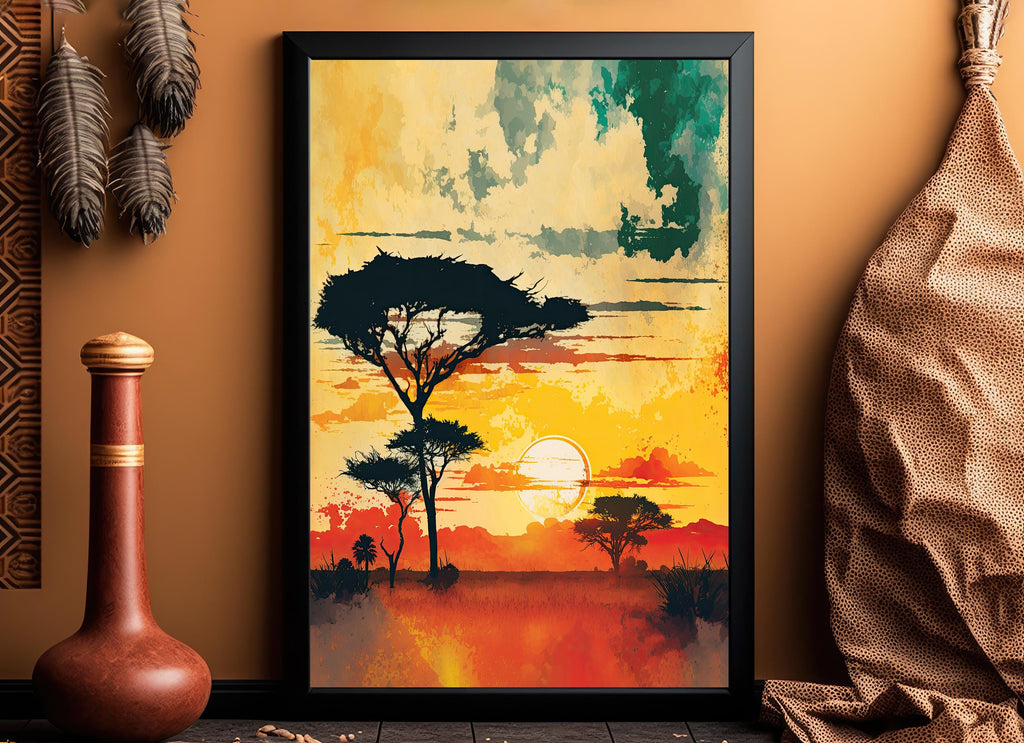 African Serengeti Sunset Wall Art Safari Print Africa Savanna Watercolor Landscape Painting Travel Gift Nature Inspired Decor