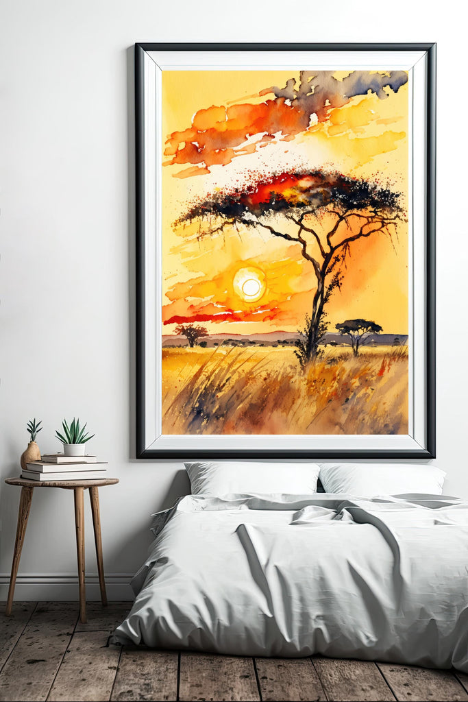 African Serengeti Sunset Wall Art Safari Print Africa Savanna Watercolor Landscape Painting Travel Gift Nature Inspired Decor