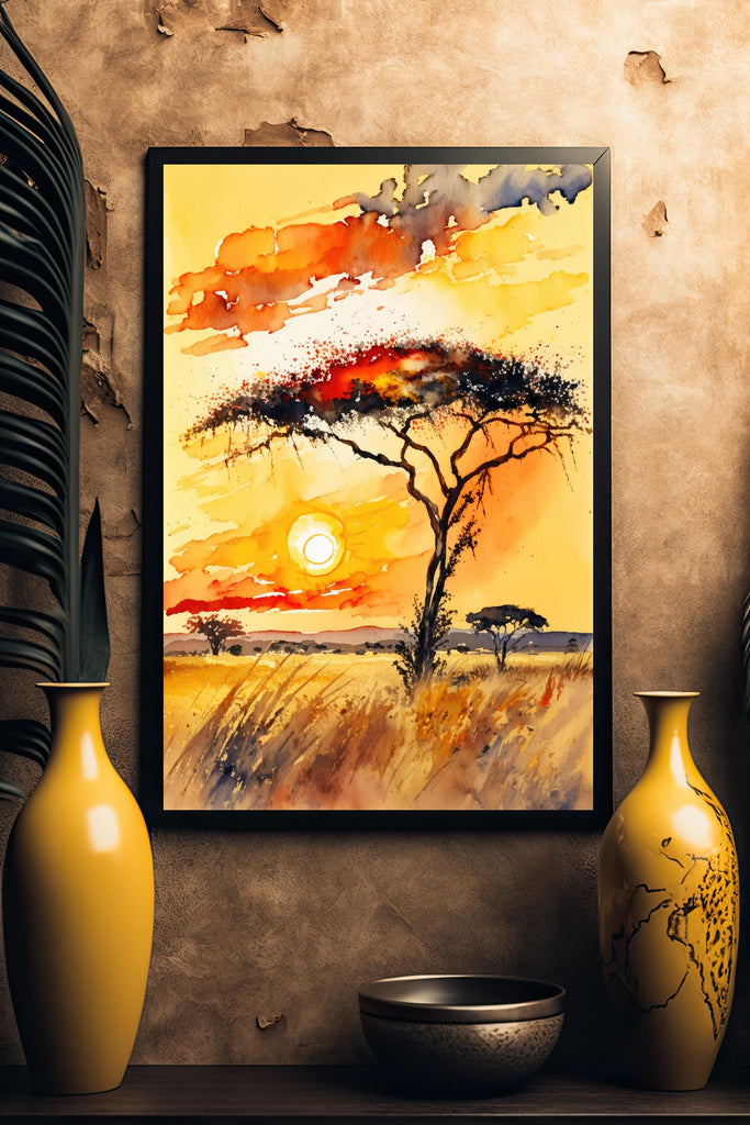 African Serengeti Sunset Wall Art Safari Print Africa Savanna Watercolor Landscape Painting Travel Gift Nature Inspired Decor
