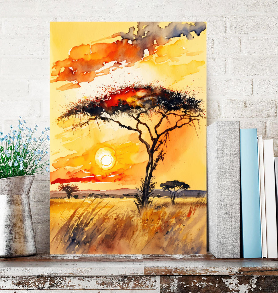 African Serengeti Sunset Wall Art Safari Print Africa Savanna Watercolor Landscape Painting Travel Gift Nature Inspired Decor