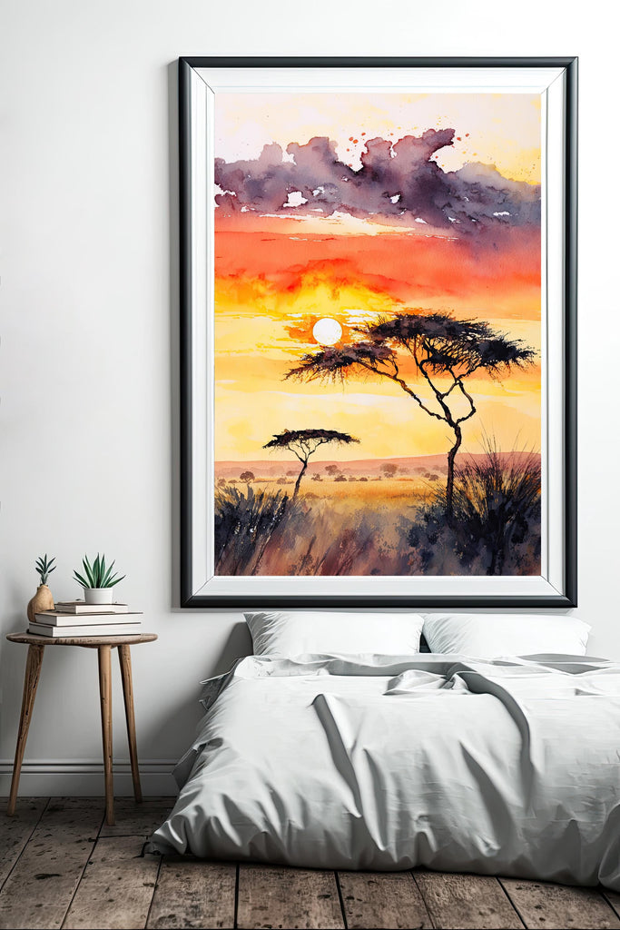African Serengeti Sunset Wall Art Safari Print Africa Savanna Watercolor Landscape Painting Travel Gift Nature Inspired Decor