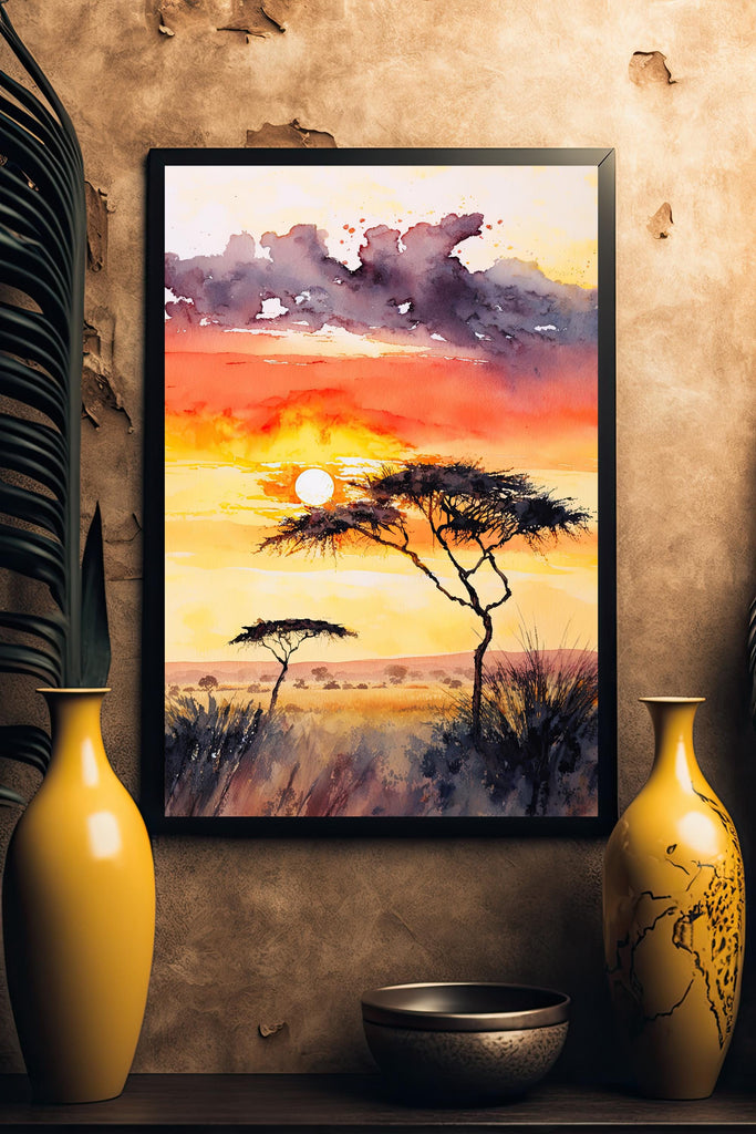 African Serengeti Sunset Wall Art Safari Print Africa Savanna Watercolor Landscape Painting Travel Gift Nature Inspired Decor