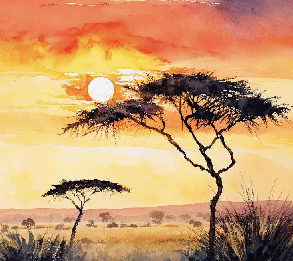 African Serengeti Sunset Wall Art Safari Print Africa Savanna Watercolor Landscape Painting Travel Gift Nature Inspired Decor