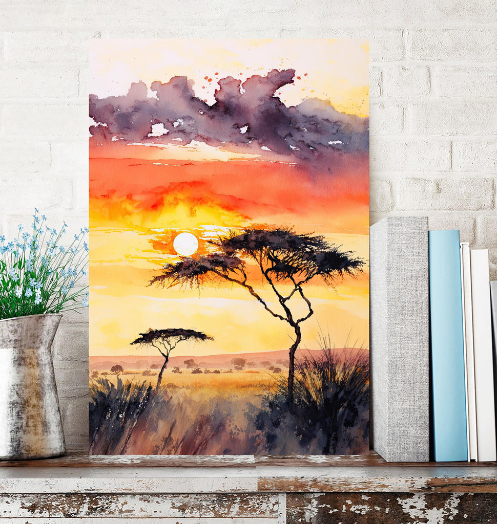 African Serengeti Sunset Wall Art Safari Print Africa Savanna Watercolor Landscape Painting Travel Gift Nature Inspired Decor