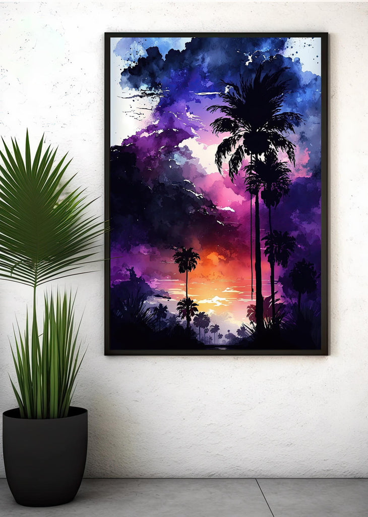 Palm Tree Sunset Art Print Watercolor Coastal Wall Art Nature Inspired Gift Tropical Beach House Home Decor