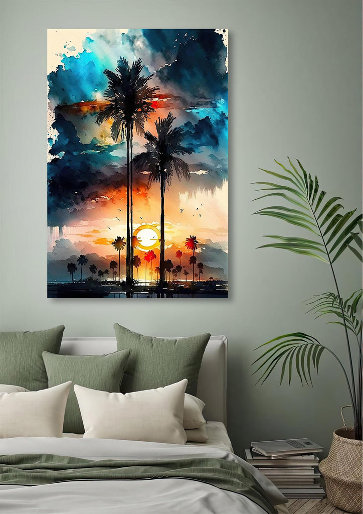 Palm Tree Sunset Art Print Watercolor Coastal Wall Art Nature Inspired Gift Tropical Beach House Home Decor