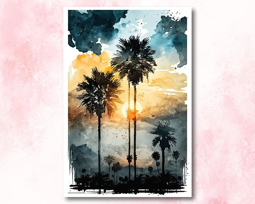 Palm Tree Sunset Art Print Watercolor Coastal Wall Art Nature Inspired Gift Tropical Beach House Home Decor