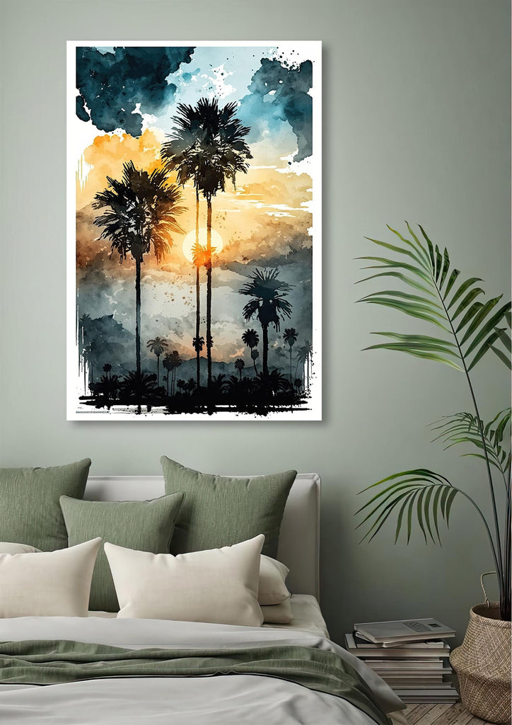 Palm Tree Sunset Art Print Watercolor Coastal Wall Art Nature Inspired Gift Tropical Beach House Home Decor