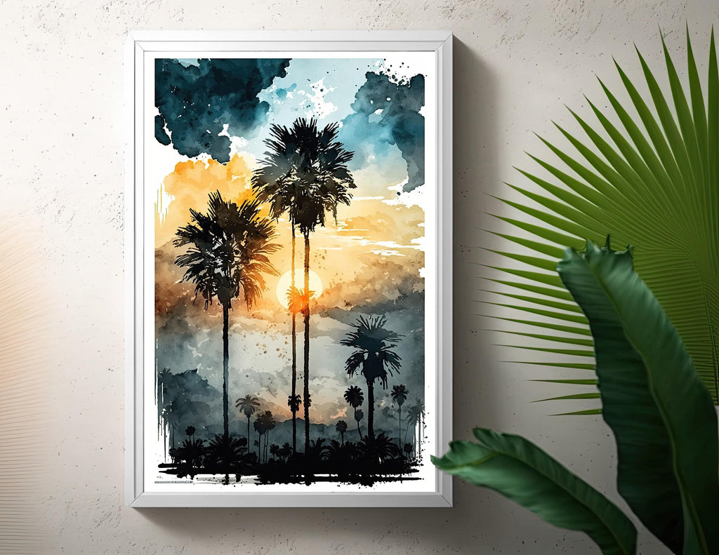 Palm Tree Sunset Art Print Watercolor Coastal Wall Art Nature Inspired Gift Tropical Beach House Home Decor