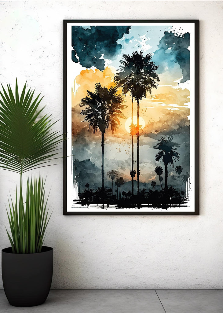 Palm Tree Sunset Art Print Watercolor Coastal Wall Art Nature Inspired Gift Tropical Beach House Home Decor