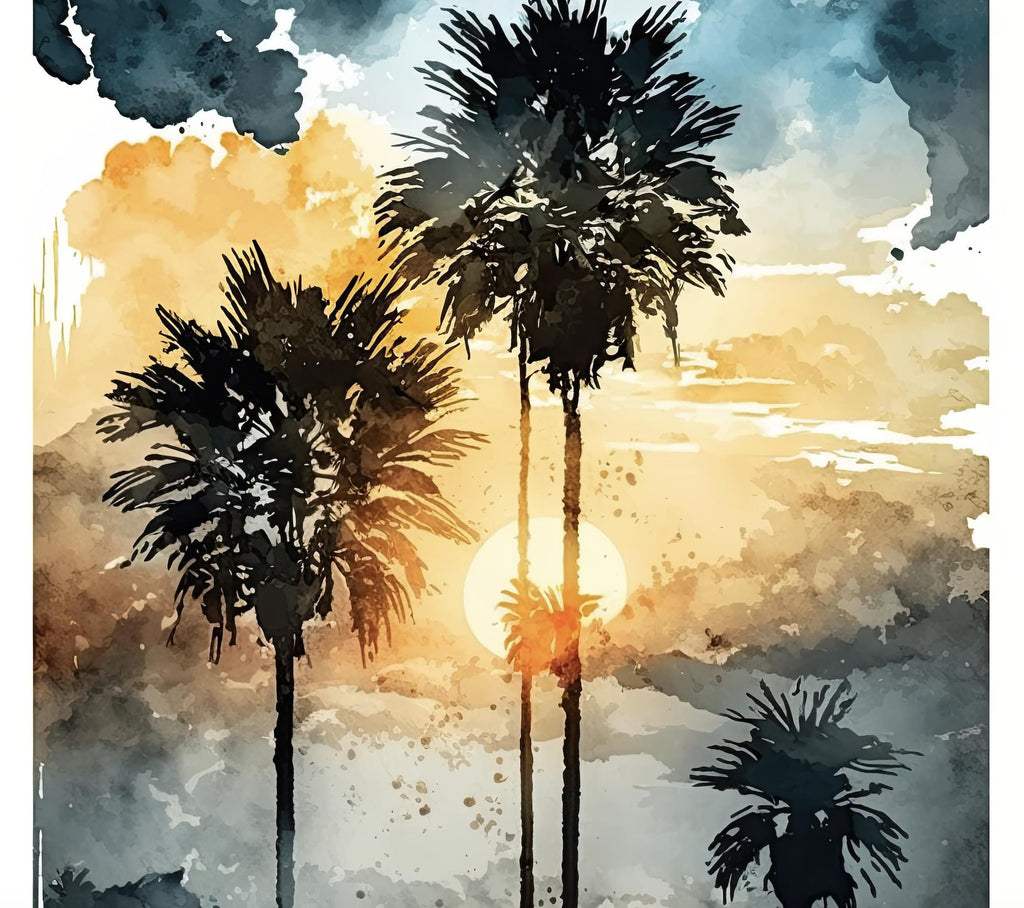 Palm Tree Sunset Art Print Watercolor Coastal Wall Art Nature Inspired Gift Tropical Beach House Home Decor