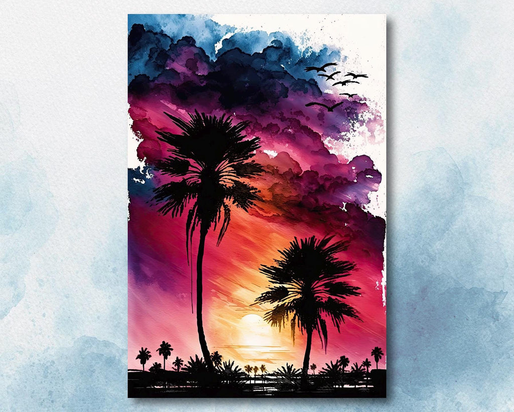 Palm Tree Sunset Art Print Watercolor Coastal Wall Art Nature Inspired Gift Tropical Beach House Home Decor