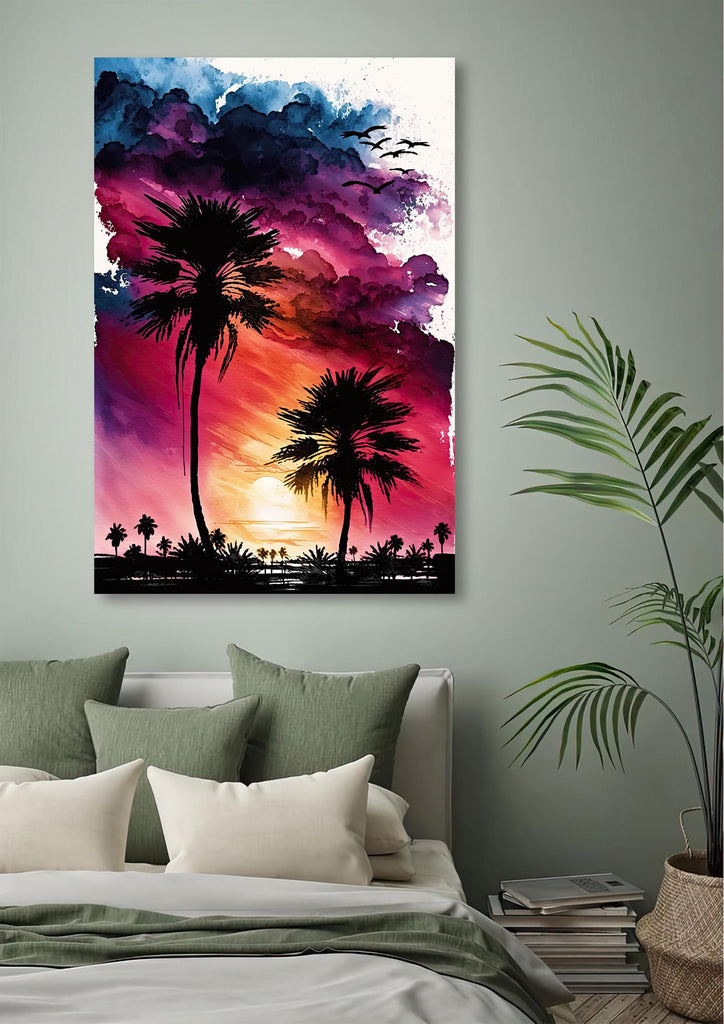 Palm Tree Sunset Art Print Watercolor Coastal Wall Art Nature Inspired Gift Tropical Beach House Home Decor